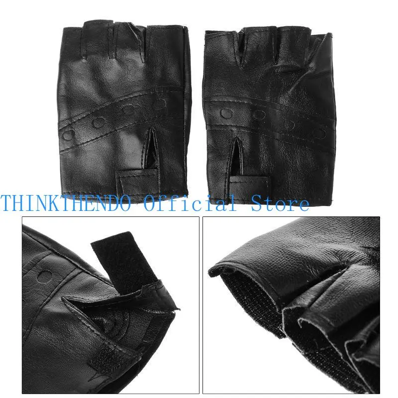39BB Fashion Motor Punk Gloves Unisex Black Faux Leather Fingerless Driving Mittens