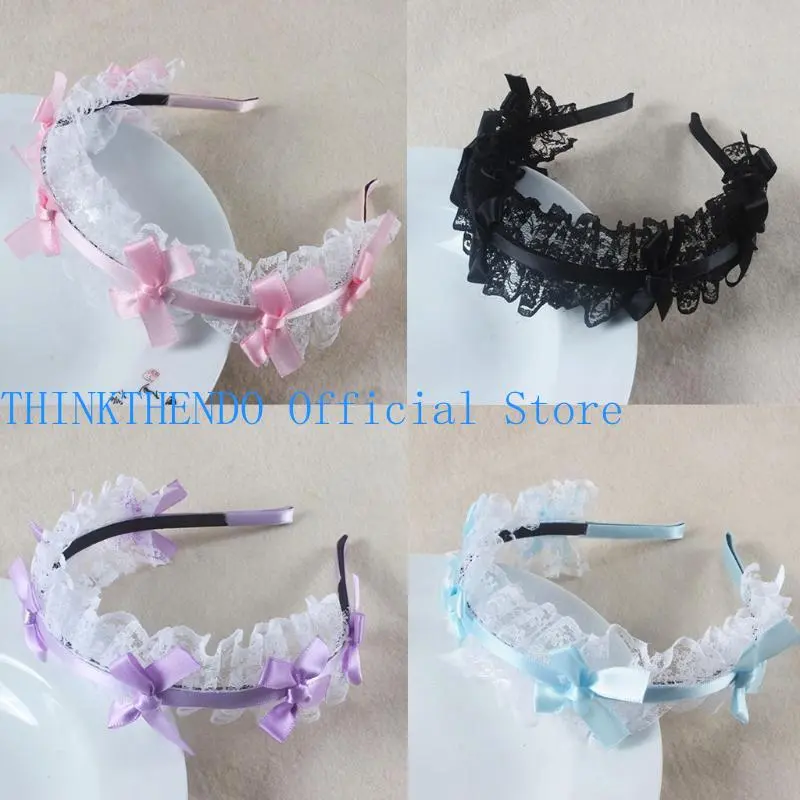 39BB Girls Lace Hair Hoop with Ribbon Bow Headdress Maid Headpiece Anime Gothic Cosplay Headband