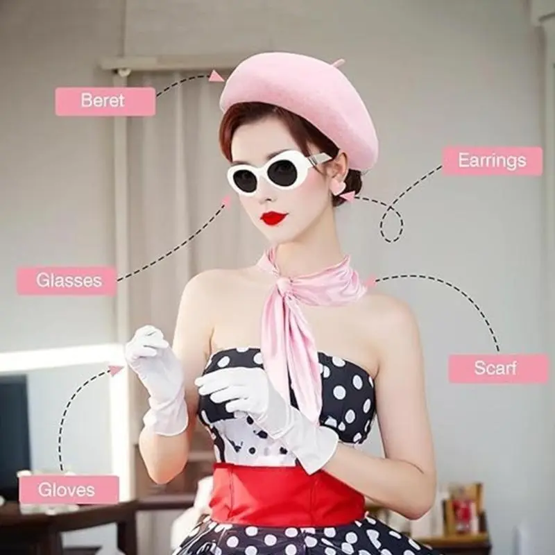 39BB Women 1980s Cosplau Outfit Accessories Hat Glasses Heart Earring Scarf Gloves for Halloween Cosplay Theme Party