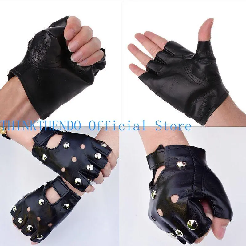 39BB Fashion Motor Punk Gloves Unisex Black Faux Leather Fingerless Driving Mittens