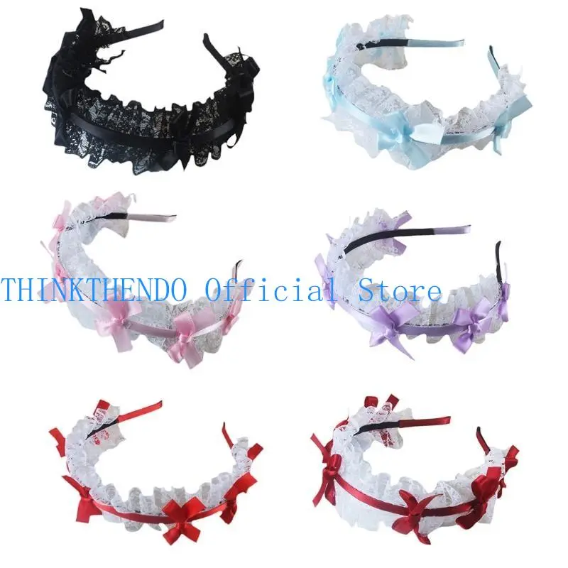 39BB Girls Lace Hair Hoop with Ribbon Bow Headdress Maid Headpiece Anime Gothic Cosplay Headband
