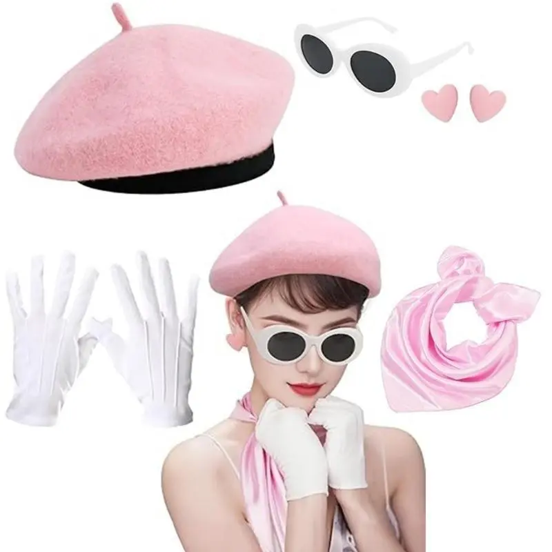 39BB Women 1980s Cosplau Outfit Accessories Hat Glasses Heart Earring Scarf Gloves for Halloween Cosplay Theme Party