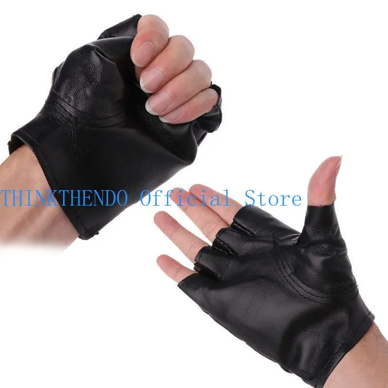 39BB Fashion Motor Punk Gloves Unisex Black Faux Leather Fingerless Driving Mittens