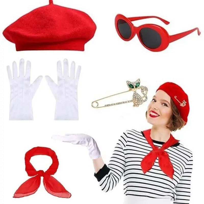 39BB Women 1980s Cosplau Outfit Accessories Hat Glasses Heart Earring Scarf Gloves for Halloween Cosplay Theme Party