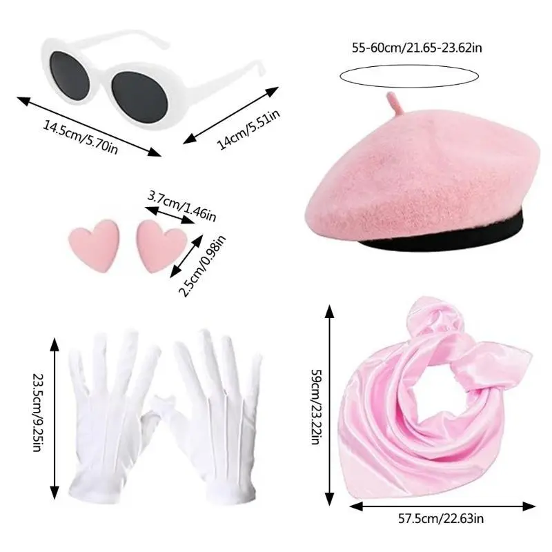 39BB Women 1980s Cosplau Outfit Accessories Hat Glasses Heart Earring Scarf Gloves for Halloween Cosplay Theme Party