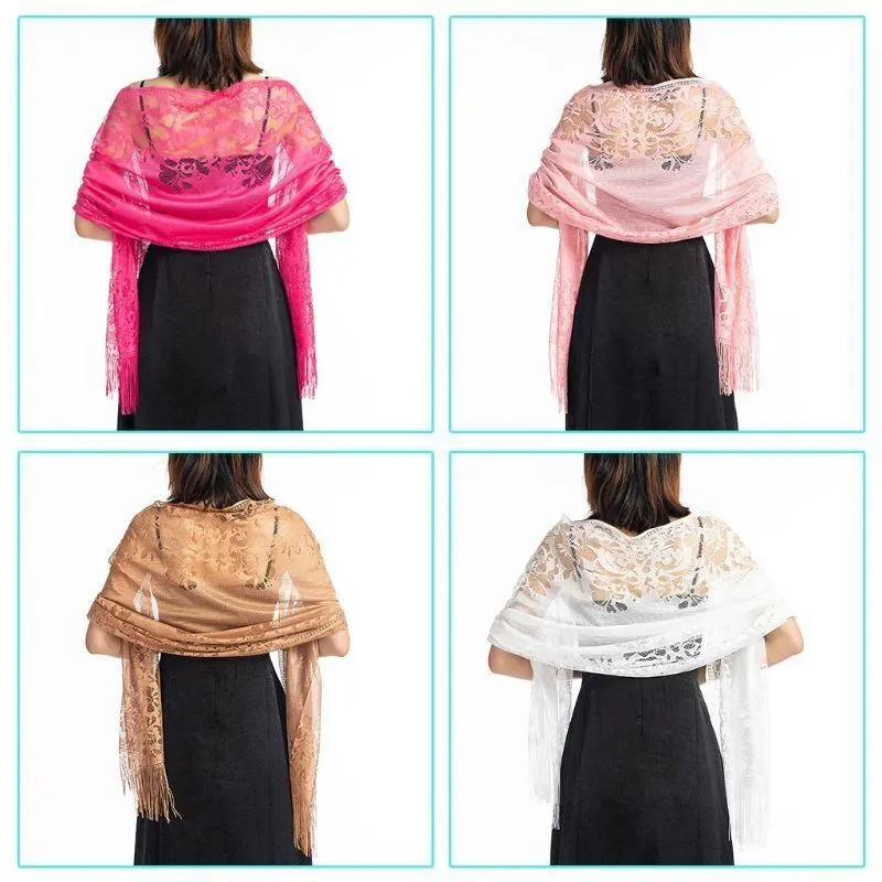 39BB 185x63cm Womens 1920s Scarf Wraps Hollow Out Crochet Floral Lace Fringed Tassels