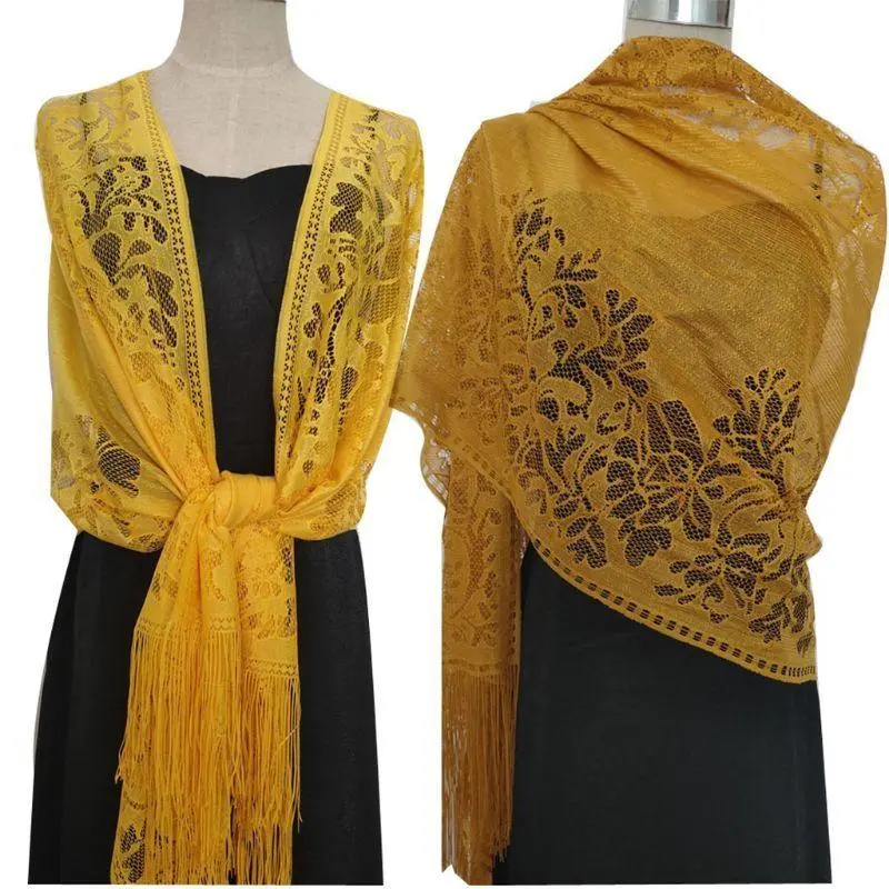 39BB 185x63cm Womens 1920s Scarf Wraps Hollow Out Crochet Floral Lace Fringed Tassels