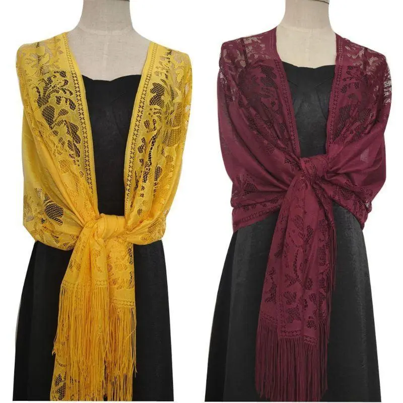 39BB 185x63cm Womens 1920s Scarf Wraps Hollow Out Crochet Floral Lace Fringed Tassels