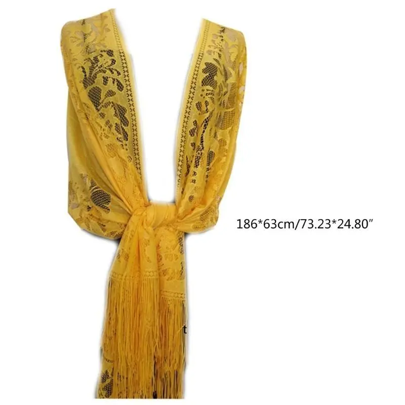39BB 185x63cm Womens 1920s Scarf Wraps Hollow Out Crochet Floral Lace Fringed Tassels