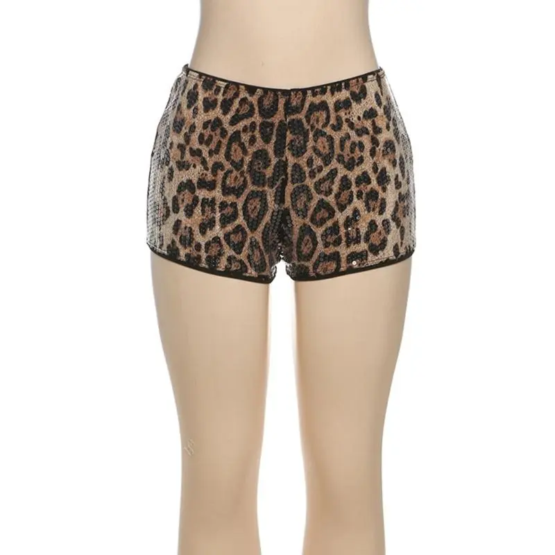39BB Stylish Leopard Print Shorts With Sparkling Sequins Nightclub Fashion Shorts For Trendy Women Seeking Unique Party Wear