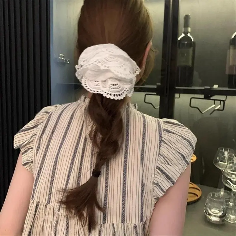 39BB French Lace Flower Hair Scrunchies Oversized Hair Bun Scrunchy Ponytail Holder Elastic Hairband All Matching Headpiece