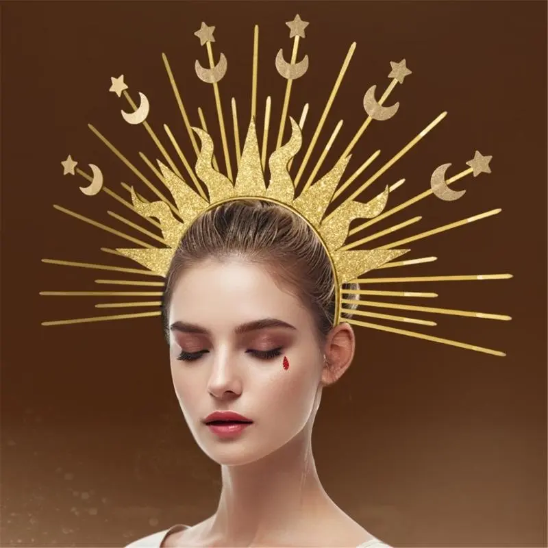 652F Baroque Crown Headband Spiked Headband Radiances Crownpiece for Stage Performing Festival Dressingup Accessory