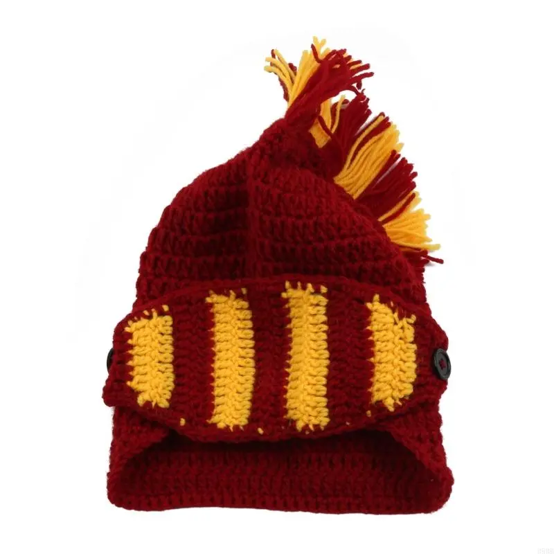 652F Unisex Funny Roman Knight  Knitted Hat Contrast Color Crochet Beanie Earflap  with Face Mask Cosplay Costume