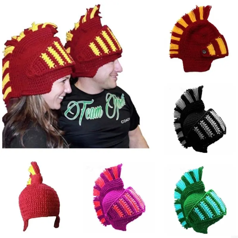 652F Unisex Funny Roman Knight  Knitted Hat Contrast Color Crochet Beanie Earflap  with Face Mask Cosplay Costume