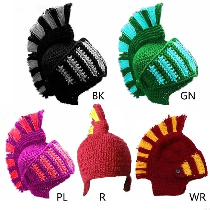 652F Unisex Funny Roman Knight  Knitted Hat Contrast Color Crochet Beanie Earflap  with Face Mask Cosplay Costume