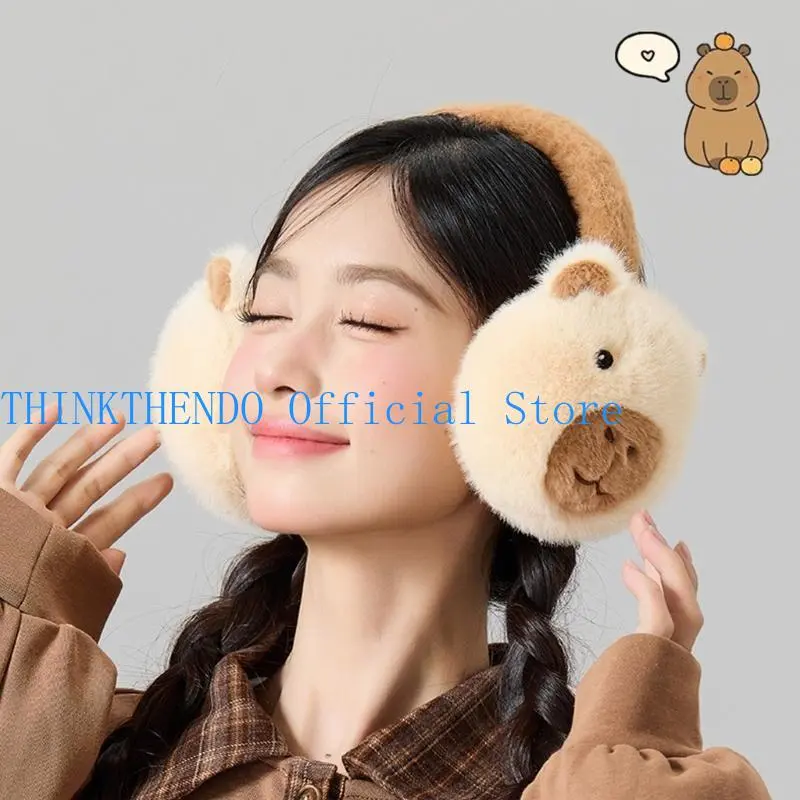 652F Furry Plush Foldable Earmuffs for Cold Weather Outdoor Winter Activity Ear Cover Capybara Ear Protectors for Students