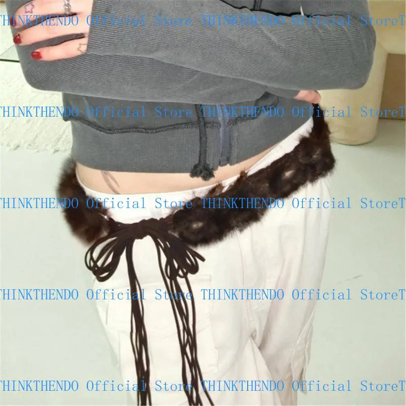 652F Stylish Strap Tied Waist Belt with Plush Furry Accent for Women Adjustable Length Waistband Fashionable Jeans Accessory