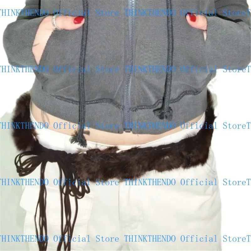 652F Stylish Strap Tied Waist Belt with Plush Furry Accent for Women Adjustable Length Waistband Fashionable Jeans Accessory