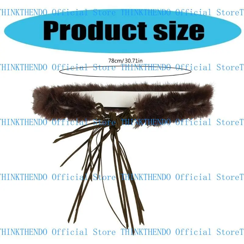 652F Stylish Strap Tied Waist Belt with Plush Furry Accent for Women Adjustable Length Waistband Fashionable Jeans Accessory