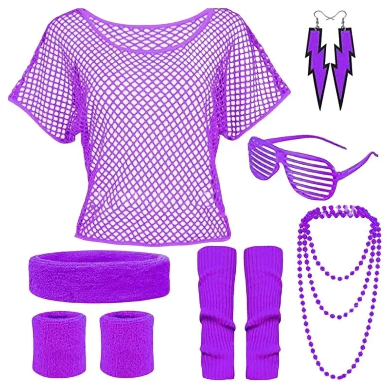 652F 80s Fancy Dress Costume Accessories Set for Women Sunglass Headband Shirt Necklace Bracelet 80s Party Supply