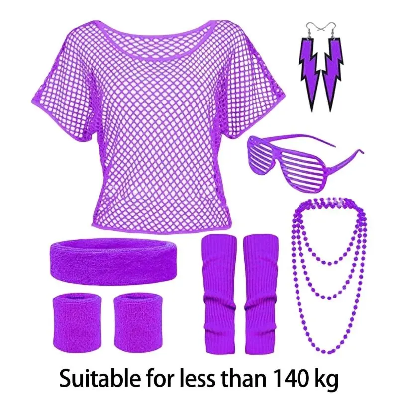 652F 80s Fancy Dress Costume Accessories Set for Women Sunglass Headband Shirt Necklace Bracelet 80s Party Supply