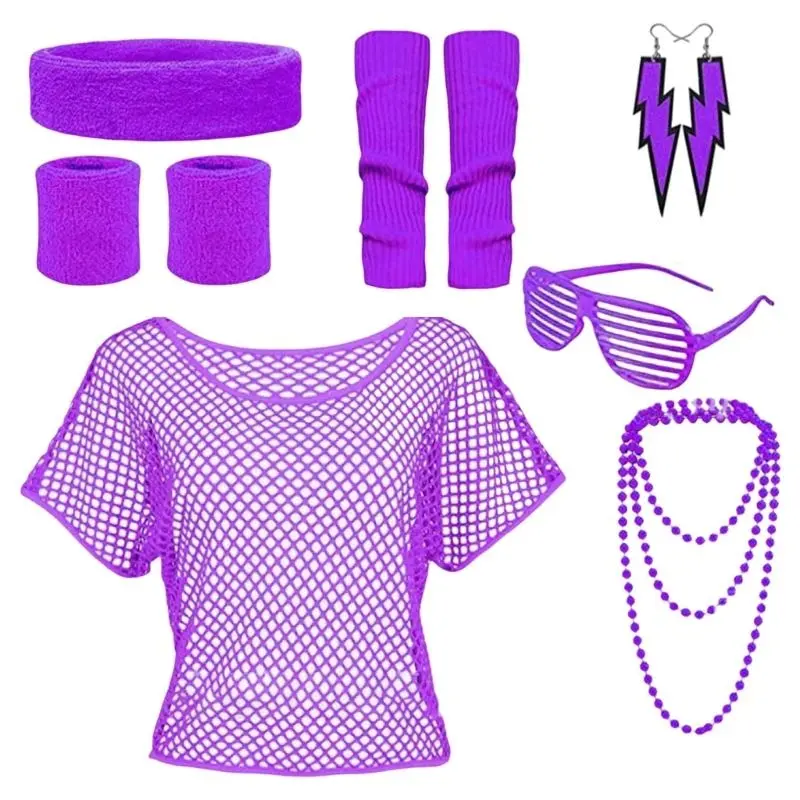 652F 80s Fancy Dress Costume Accessories Set for Women Sunglass Headband Shirt Necklace Bracelet 80s Party Supply