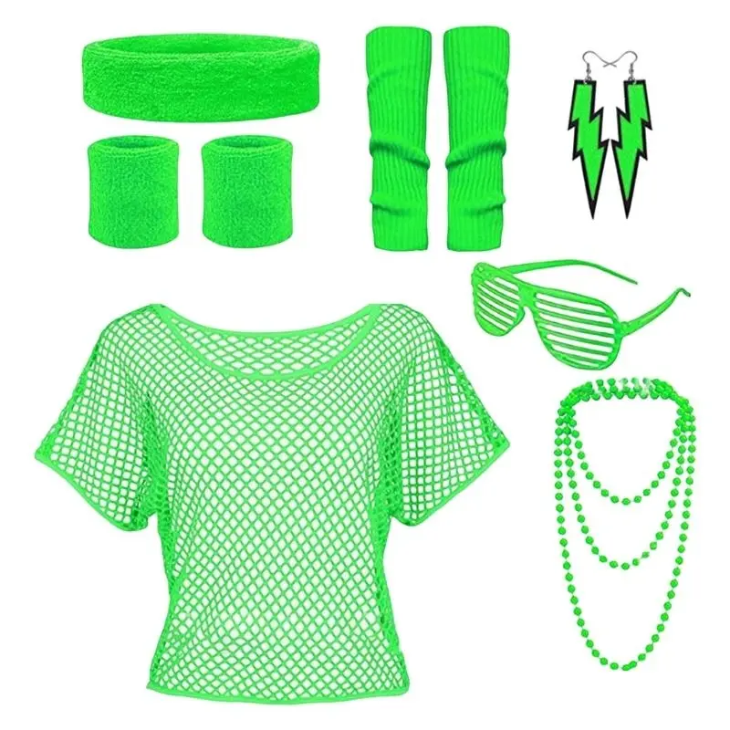 652F 80s Fancy Dress Costume Accessories Set for Women Sunglass Headband Shirt Necklace Bracelet 80s Party Supply