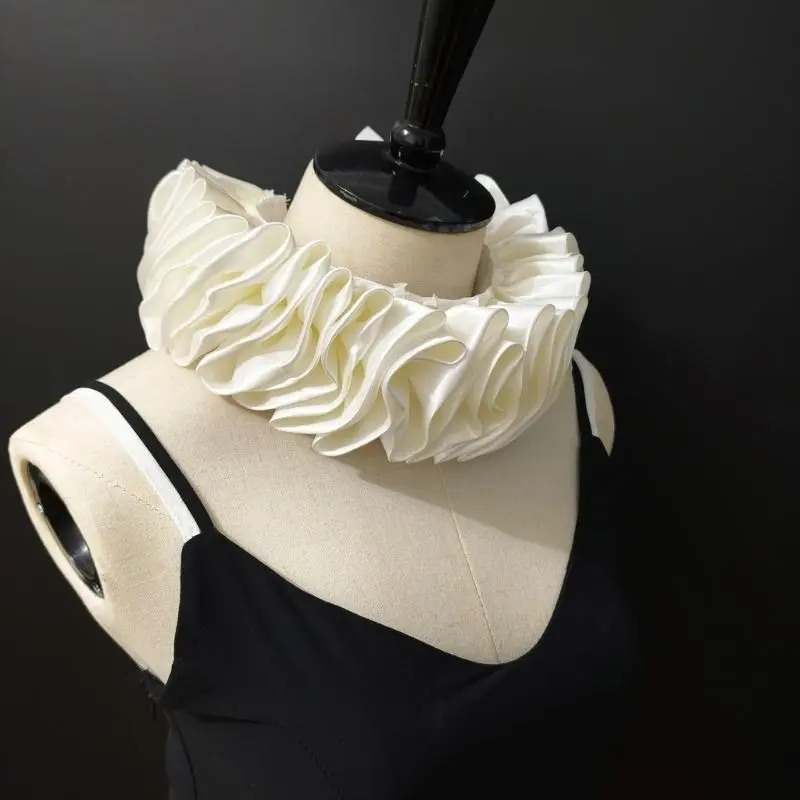 652F Authentic Medieval Costume Accessory Elizabethan Neck Ruff with Adjustable Ribbon Tie Vintage Ruffled False Collar Shawl