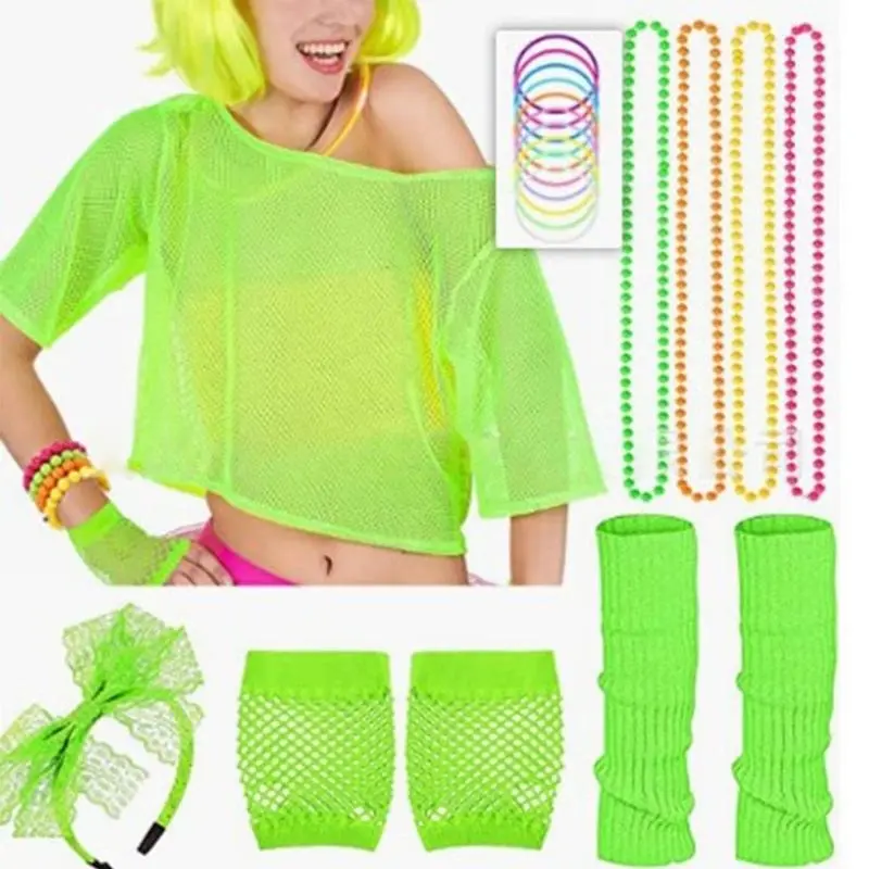 652F 80s Fancy Dress Costume Accessories Set for Women Sunglass Headband Shirt Necklace Bracelet 80s Party Supply