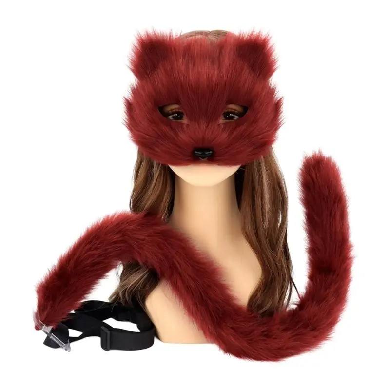 39BB Therians Mask and Tail Set for Girls Halloween Cats Mask Tail Cosplay Foxes Mask Wolf Tail