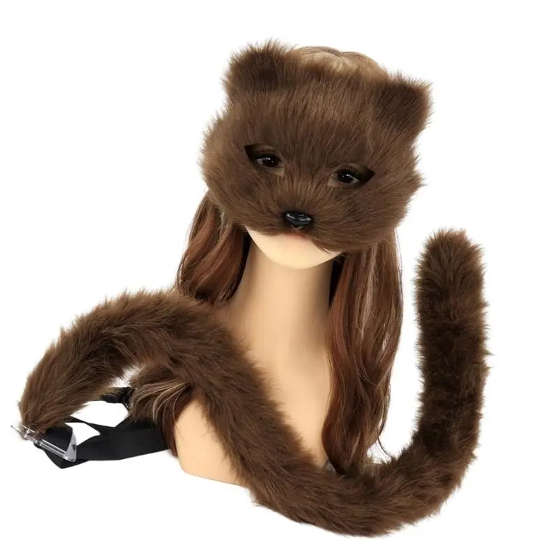 39BB Therians Mask and Tail Set for Girls Halloween Cats Mask Tail Cosplay Foxes Mask Wolf Tail