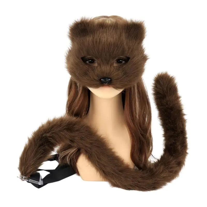 39BB Therians Mask and Tail Set for Girls Halloween Cats Mask Tail Cosplay Foxes Mask Wolf Tail