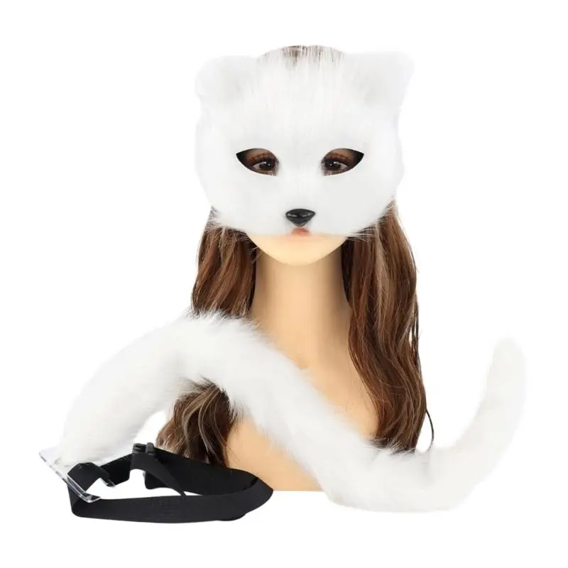 39BB Therians Mask and Tail Set for Girls Halloween Cats Mask Tail Cosplay Foxes Mask Wolf Tail