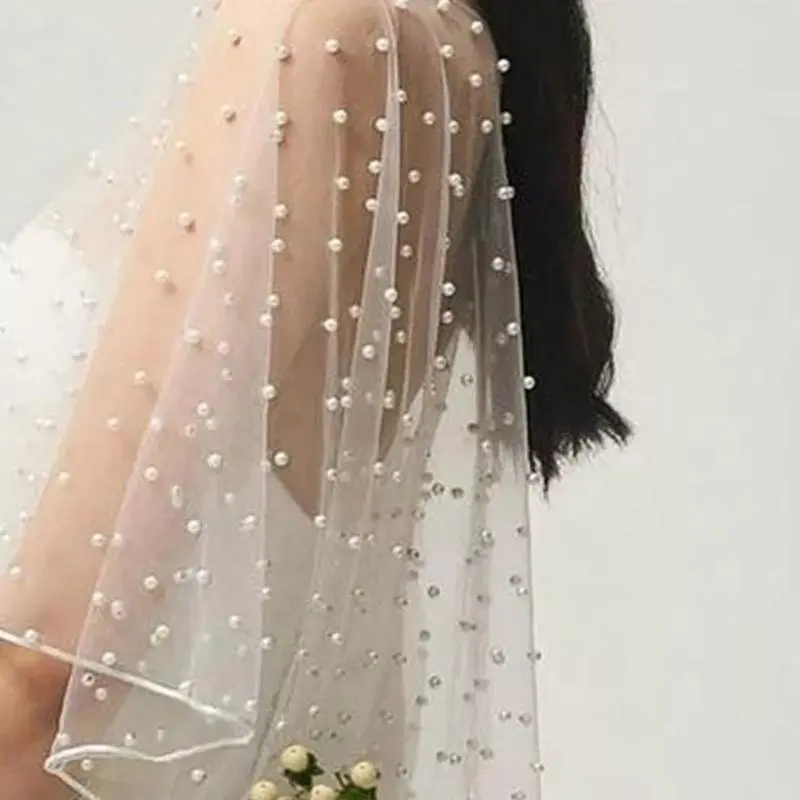 652F Womens Wedding Bridal Shawl Wrap Capelet See-Through Pearl Beads for Jacket Tulle Cape Bridesmaid Lace-Up