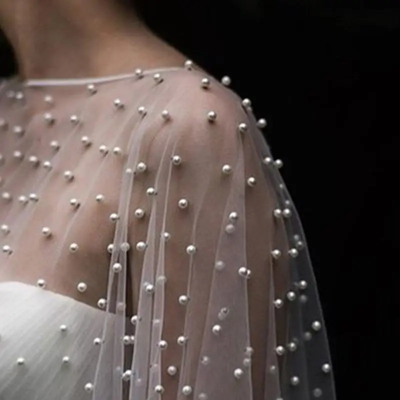 652F Womens Wedding Bridal Shawl Wrap Capelet See-Through Pearl Beads for Jacket Tulle Cape Bridesmaid Lace-Up