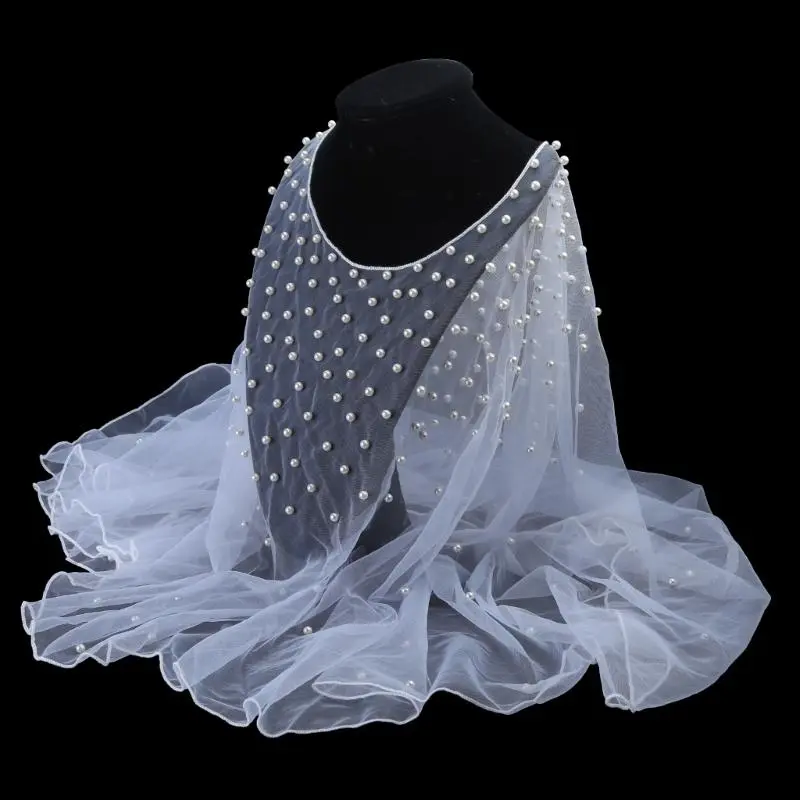 652F Womens Wedding Bridal Shawl Wrap Capelet See-Through Pearl Beads for Jacket Tulle Cape Bridesmaid Lace-Up
