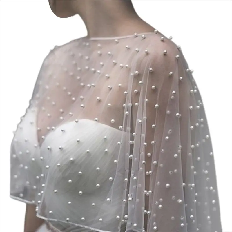 652F Womens Wedding Bridal Shawl Wrap Capelet See-Through Pearl Beads for Jacket Tulle Cape Bridesmaid Lace-Up
