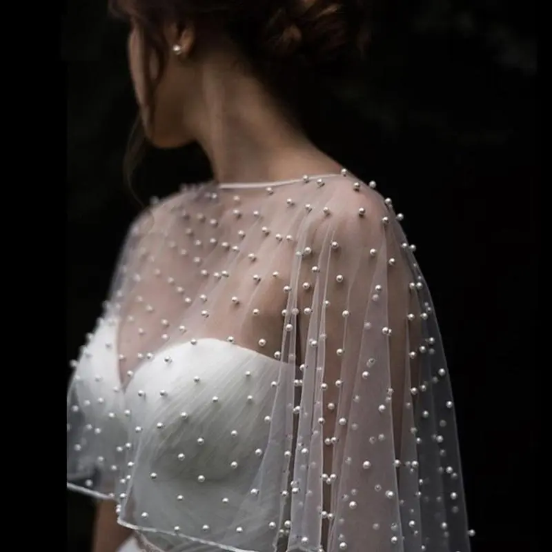 652F Womens Wedding Bridal Shawl Wrap Capelet See-Through Pearl Beads for Jacket Tulle Cape Bridesmaid Lace-Up
