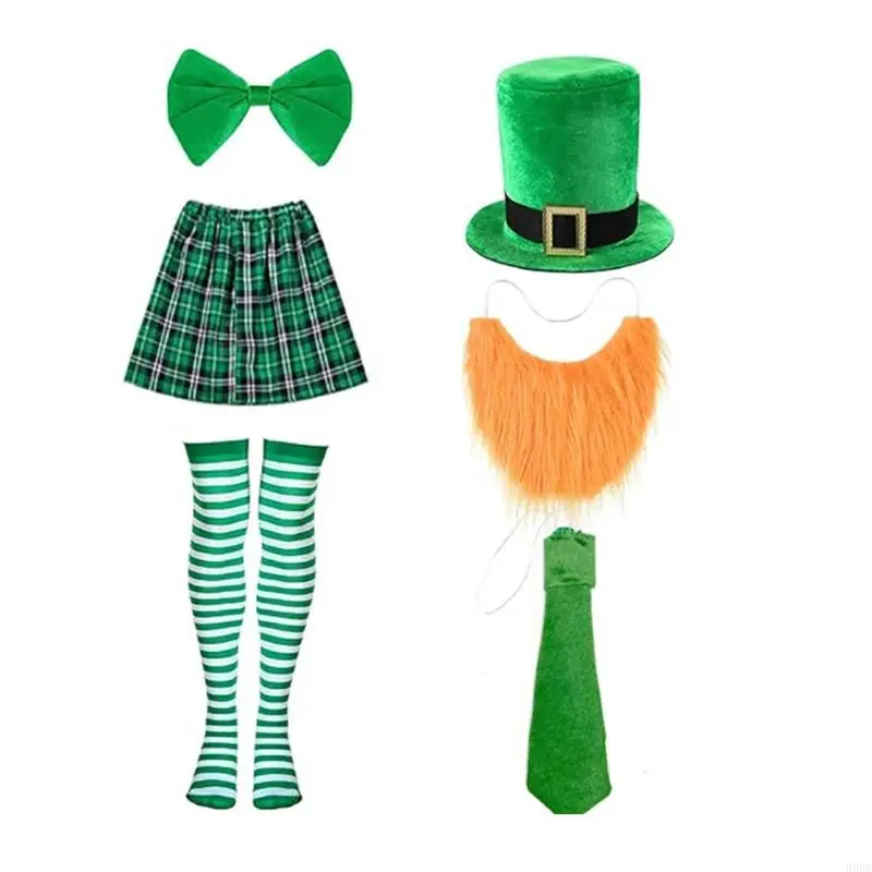 652F Patricks Day Bartender Costume Accessory Irish Festival Bartender Outfits with Hat Skirt Neck Tie Beard Striped Stocking