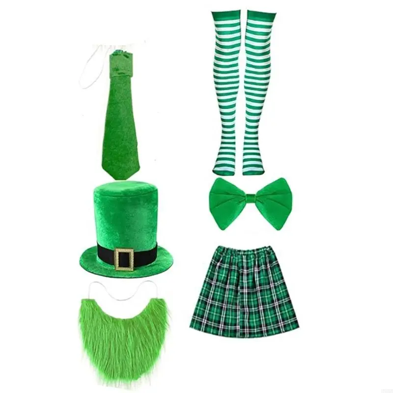 652F Patricks Day Bartender Costume Accessory Irish Festival Bartender Outfits with Hat Skirt Neck Tie Beard Striped Stocking