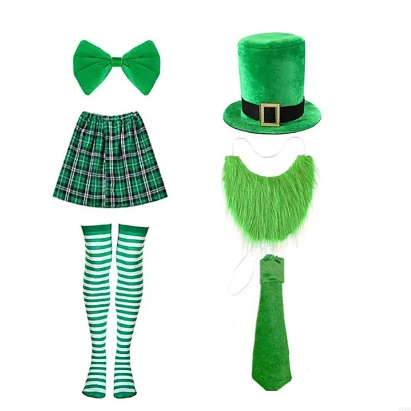 652F Patricks Day Bartender Costume Accessory Irish Festival Bartender Outfits with Hat Skirt Neck Tie Beard Striped Stocking