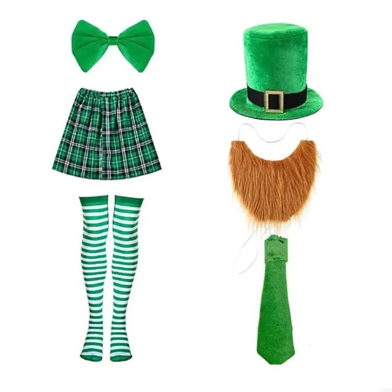 652F Patricks Day Bartender Costume Accessory Irish Festival Bartender Outfits with Hat Skirt Neck Tie Beard Striped Stocking