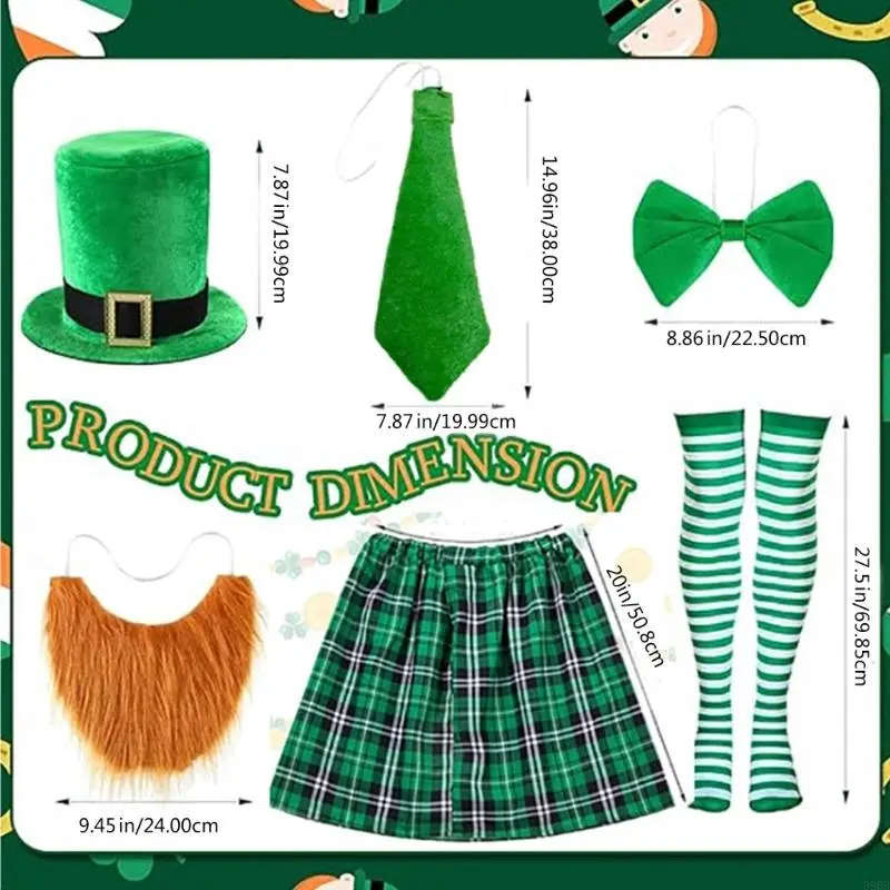 652F Patricks Day Bartender Costume Accessory Irish Festival Bartender Outfits with Hat Skirt Neck Tie Beard Striped Stocking