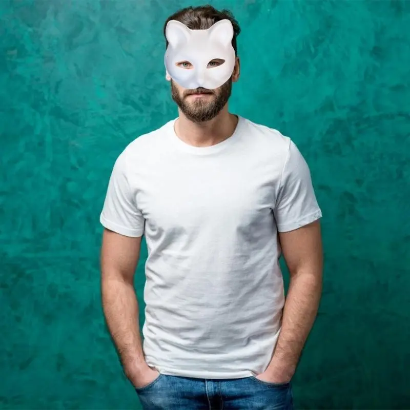 652F Unpainted Masquerades Mask with Furry Trim Adhesive Fabric Net Cloth Cats Face Mask Unpainted Mask for Halloween Supply