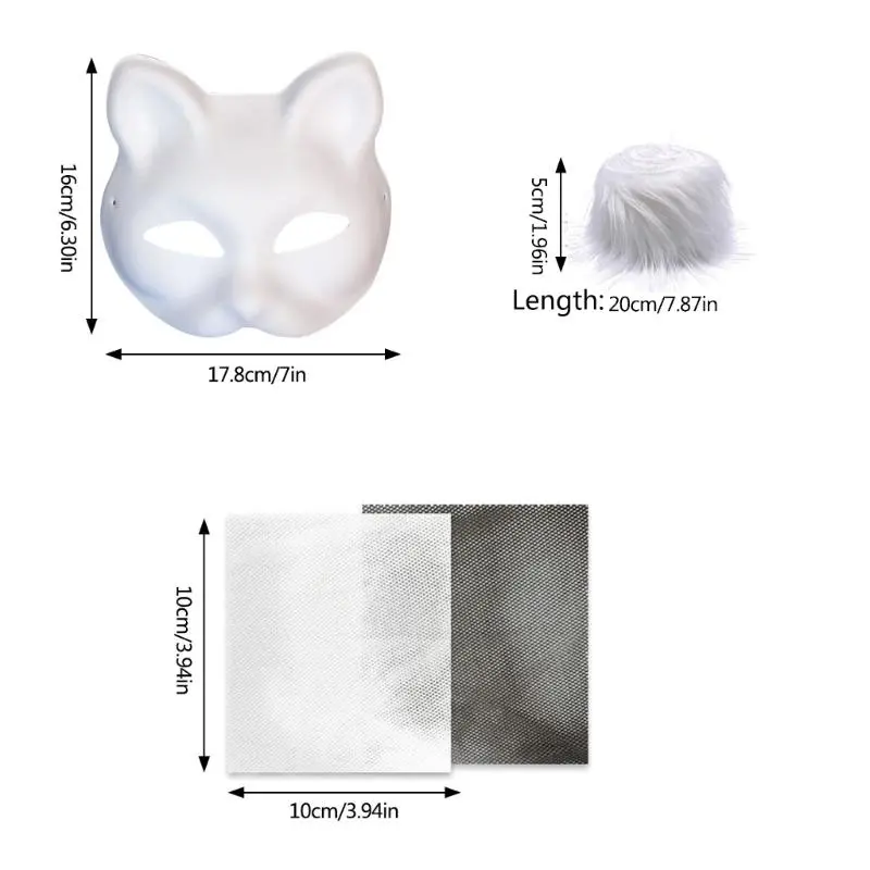 652F Unpainted Masquerades Mask with Furry Trim Adhesive Fabric Net Cloth Cats Face Mask Unpainted Mask for Halloween Supply