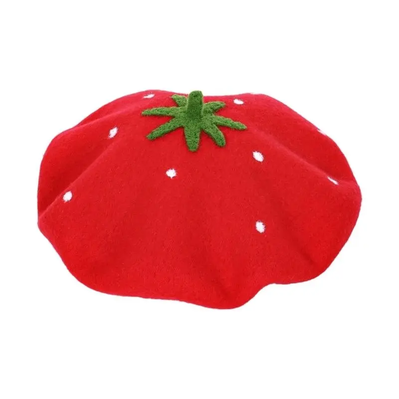 652F Lovely Wool Felted Hat Strawberry Pattern Fashion Hat Soft Breathable for Daily Outings and Parties