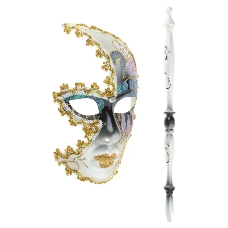 652F Mardi Gras Mask Masquerade Mask with Holding Venetians Mask Carnivals Mask Halloween Costume Mask for Party