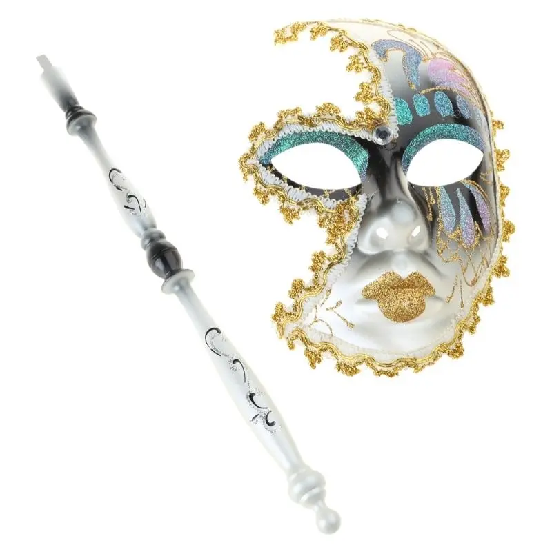652F Mardi Gras Mask Masquerade Mask with Holding Venetians Mask Carnivals Mask Halloween Costume Mask for Party