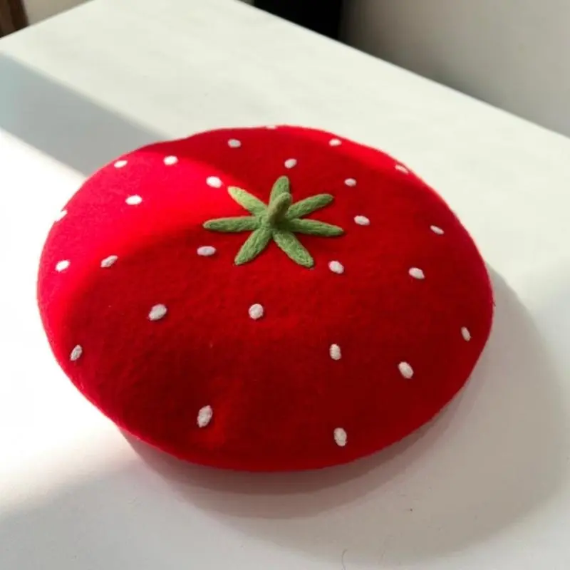 652F Lovely Wool Felted Hat Strawberry Pattern Fashion Hat Soft Breathable for Daily Outings and Parties