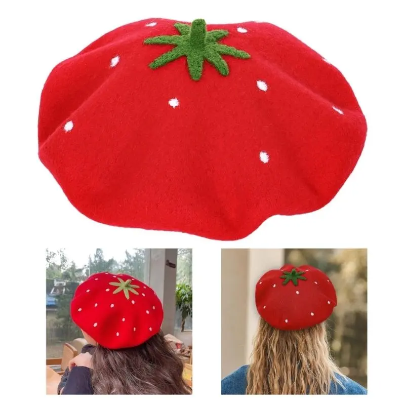 652F Lovely Wool Felted Hat Strawberry Pattern Fashion Hat Soft Breathable for Daily Outings and Parties